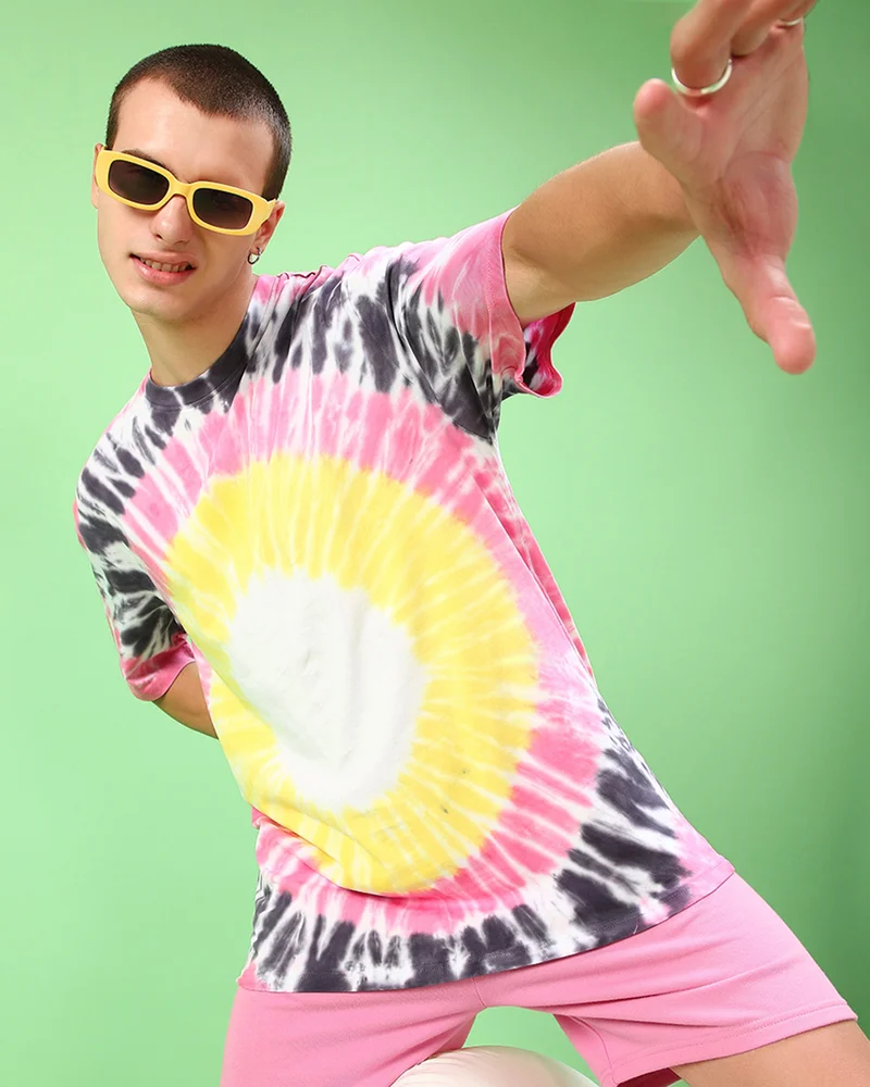 بيواكوف Men's Yellow & Pink Tie & Dye Oversized T-shirt